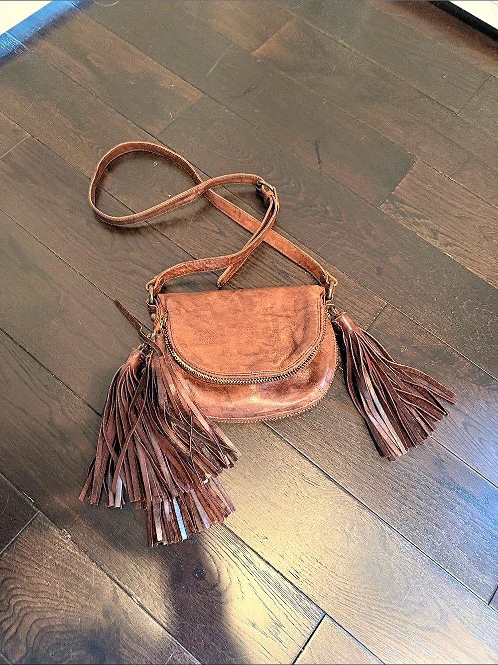 AllSaints Jacks Place Leather Fringe Crossbody Brown
